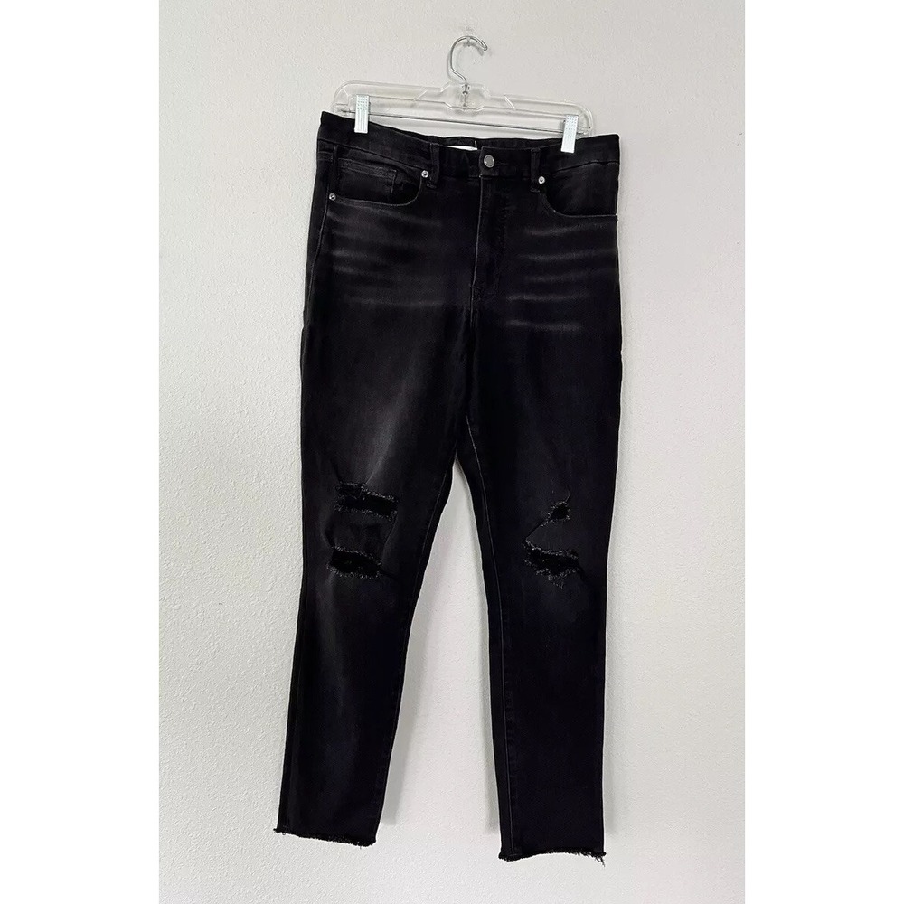 Good American Good Waist Jeans Skinny Distressed Black Raw Hem Preppy Sz 14
